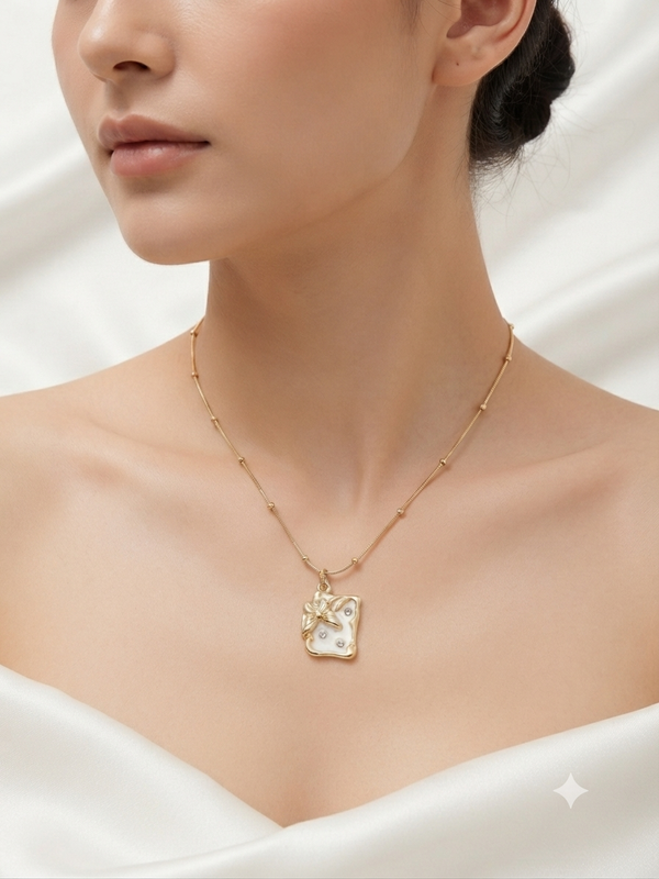 Enamel Butterfly Rectangular Pendant with Beaded Chain Necklace
