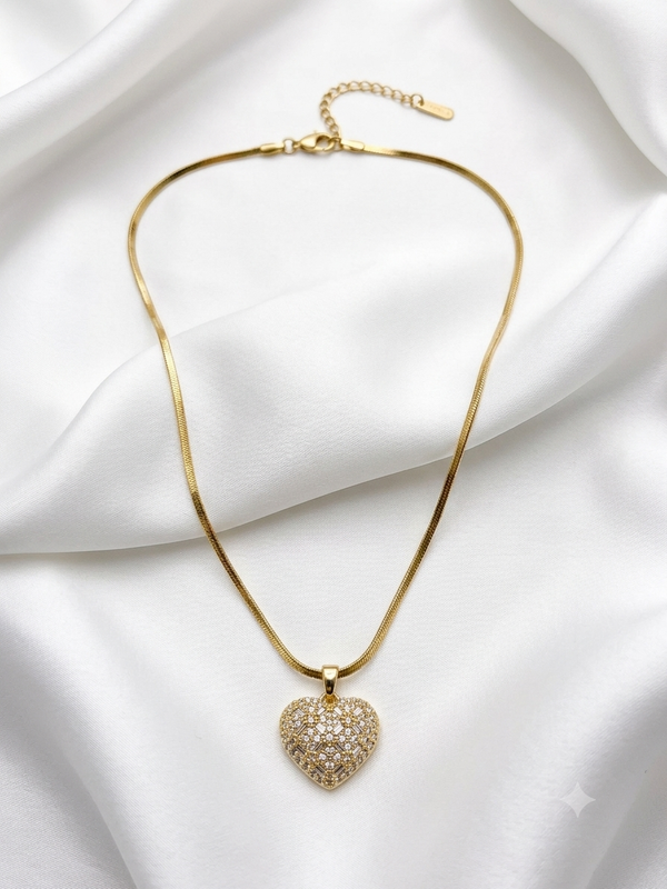 Rectangular and Round Crystal in Pave Heart Pendant Snack Chain Necklace