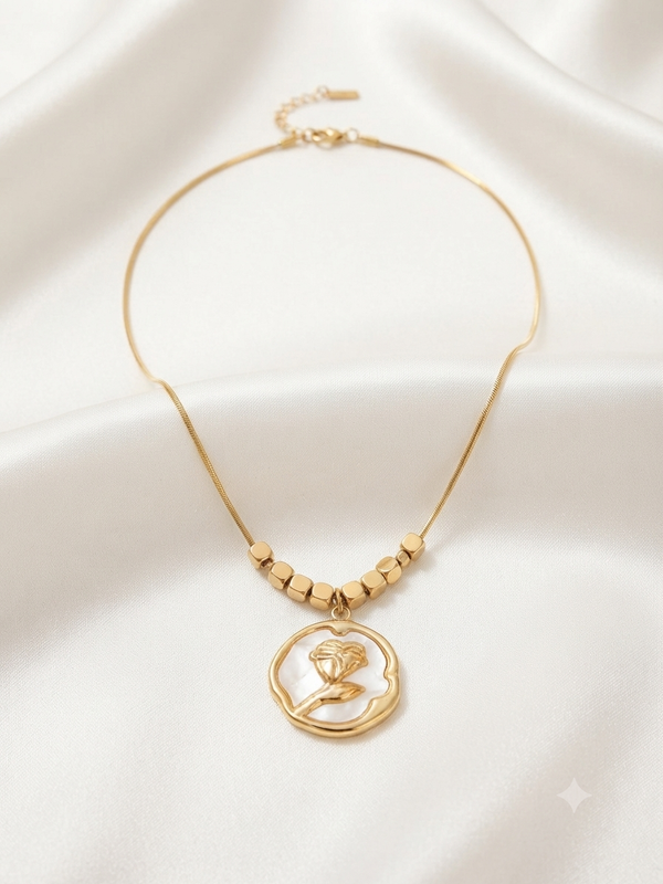 Rose in Enamel Round Pendant with Bead Detail Necklace