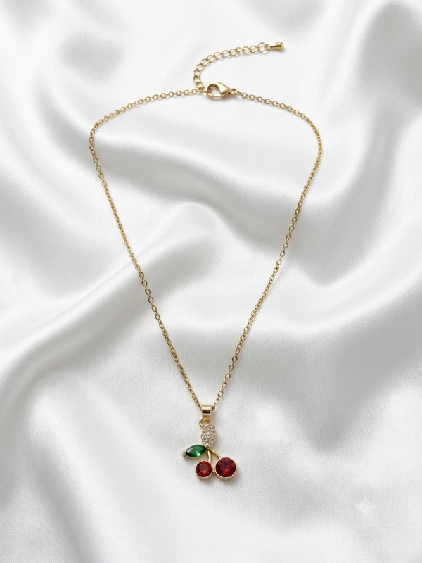 Dainty Gold Cherry Pendant Necklace with Red Crystal Accents