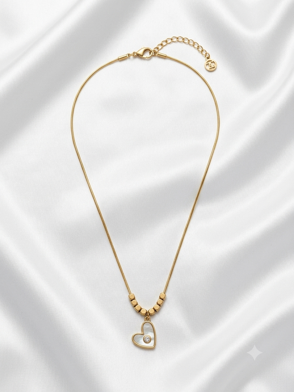 Crystal Stone Inside White Enamel Heart Pendant with Bead Accent Chain Necklace