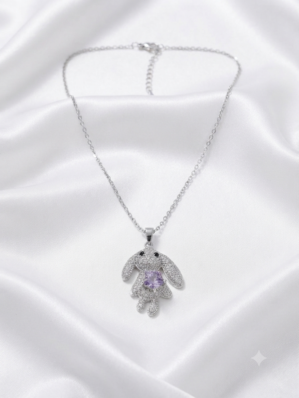 Playful Crystal Rabbit Pendant Necklace with Amethyst-Tone Gem