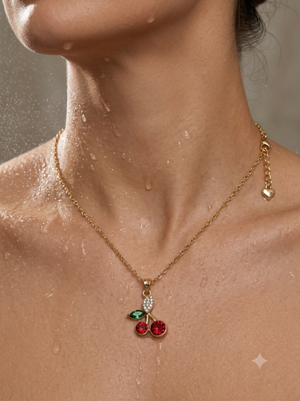 Dainty Gold Cherry Pendant Necklace with Red Crystal Accents